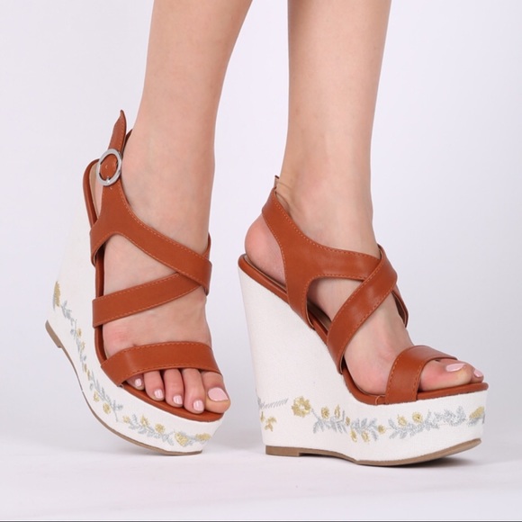 Wild Diva Shoes - Wild Diva embroidered ankle strap wedges